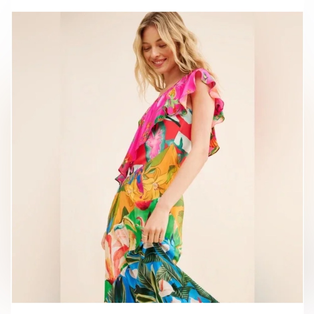 FARM Rio Multicolor Tropical Print Ruffle Dress